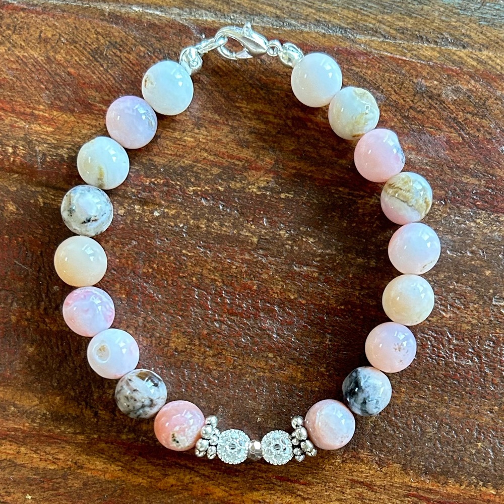 Genuine 8mm Pink Opal and Sterling Silver Accents Bracelet 7.25 Inches